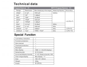 مشخصات فنی خازن سنج دیجیتال ویکتور مدل VICTOR 6013