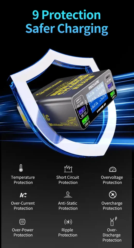 مولتی شارژر مکانیک F-POWER 6S همراه با لایه‌های محافظتی متنوع برای جلوگیری از آسیب دستگاه